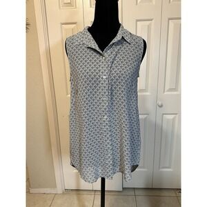 H&M Women Sleeveless Flowy‎ Collared Sheer Geometric ButtonDown Blouse Size 4